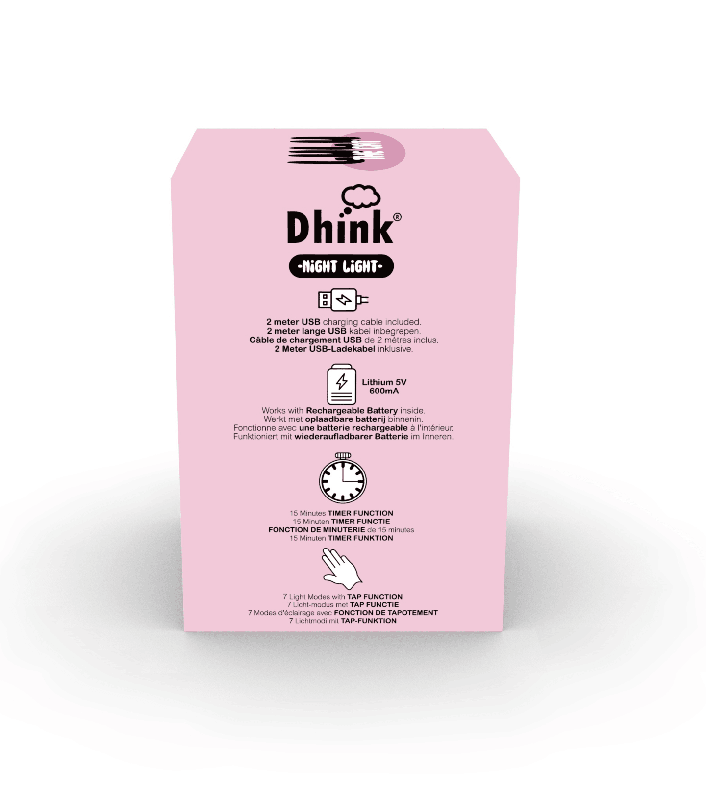 Back of box for a Soft Rechargeable Happy Cat Night Light for kids