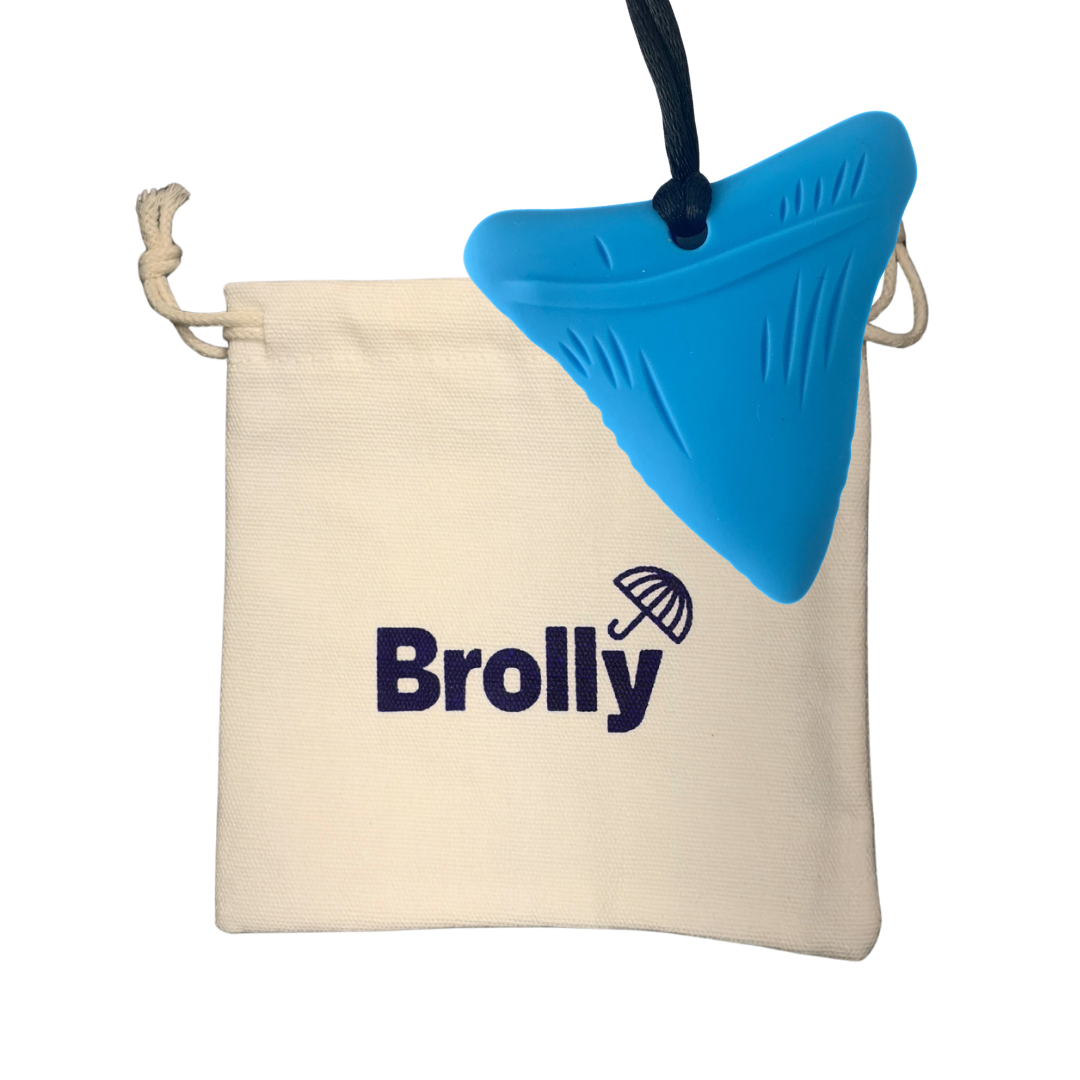 Beige drawstring pouch and Shark Tooth-shaped Brolly Sheet Chew Necklace on a black cord against a white background - Blue