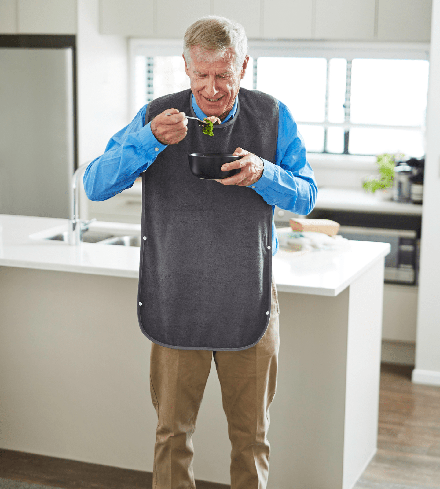 Adult Tray Bib with man standing