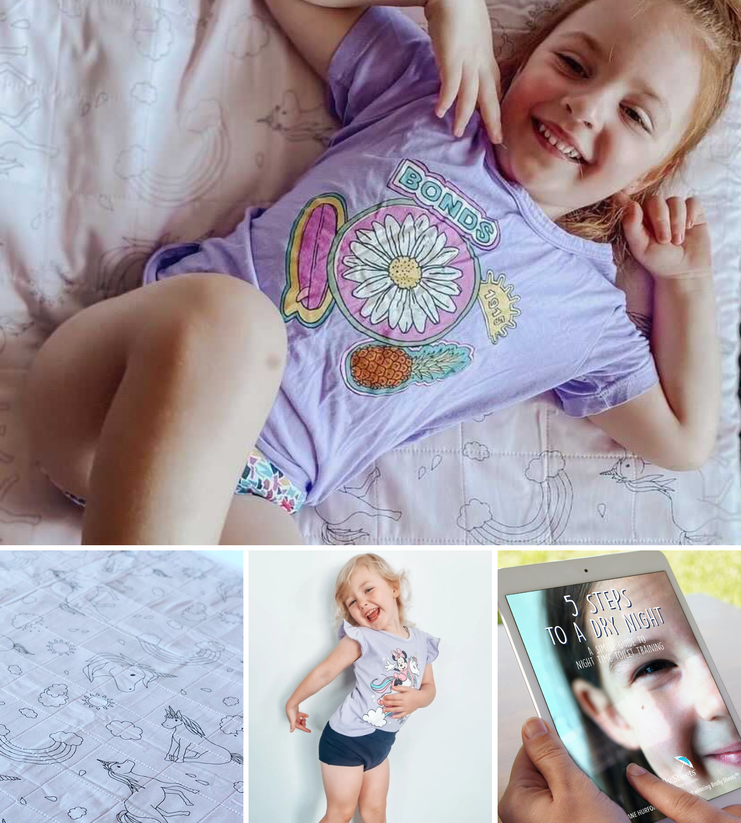 Images of 4 product is a Brolly Sheets Night Time bundle Unicorn Brolly SHeet bed pad with tuck in wings , Snazzi night training pants and 5 Steps to a dry night e-book