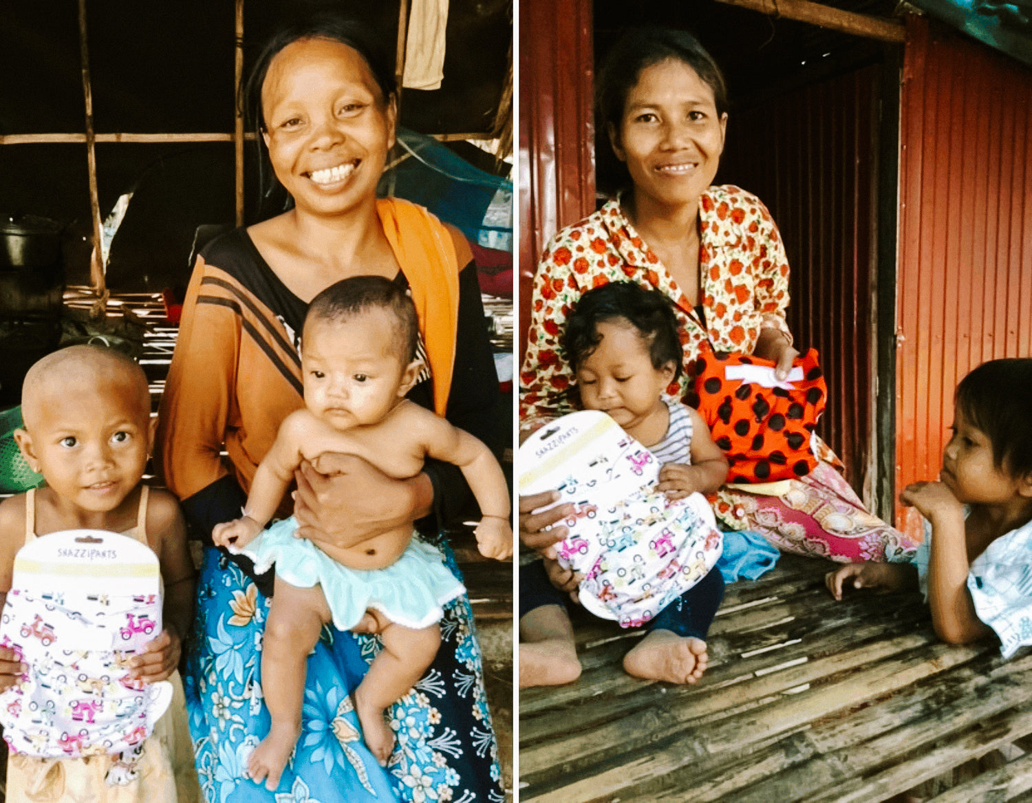 two images of women holding their 2 young children and smiling as they receive donated Snazzi diapers.