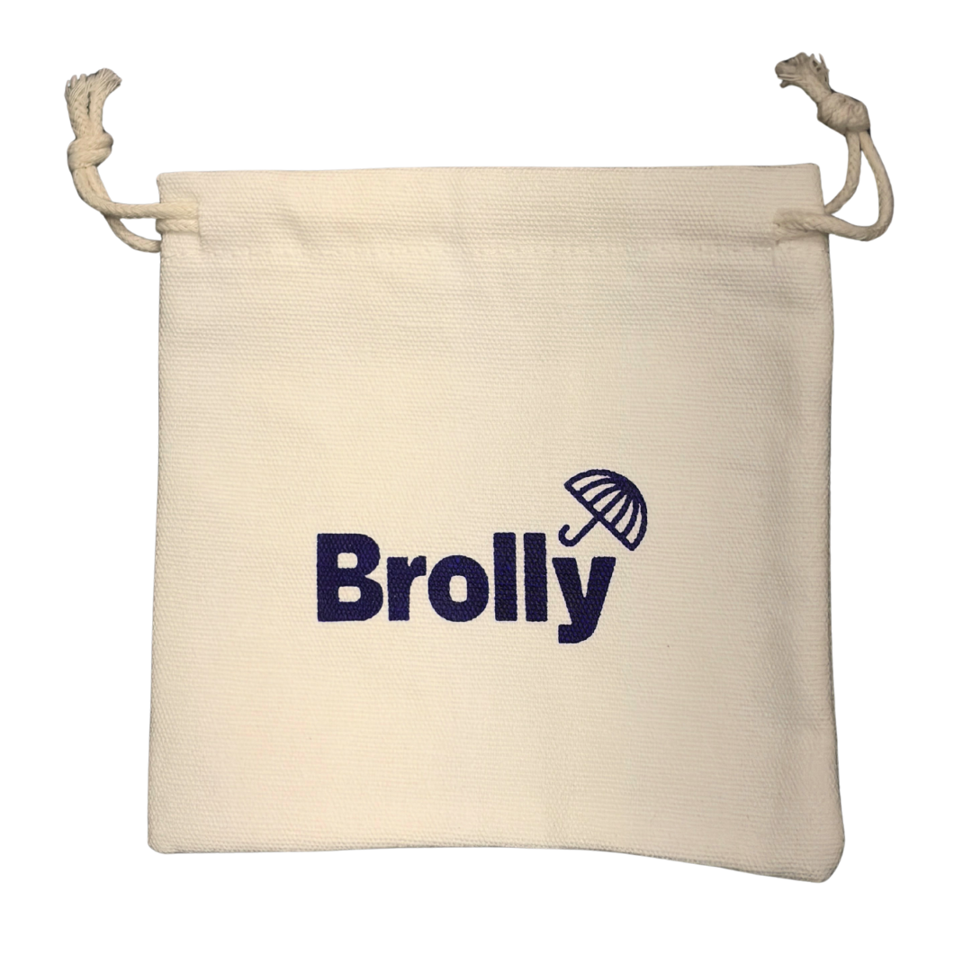 Beige drawstring bag with 'Brolly' logo on a white background