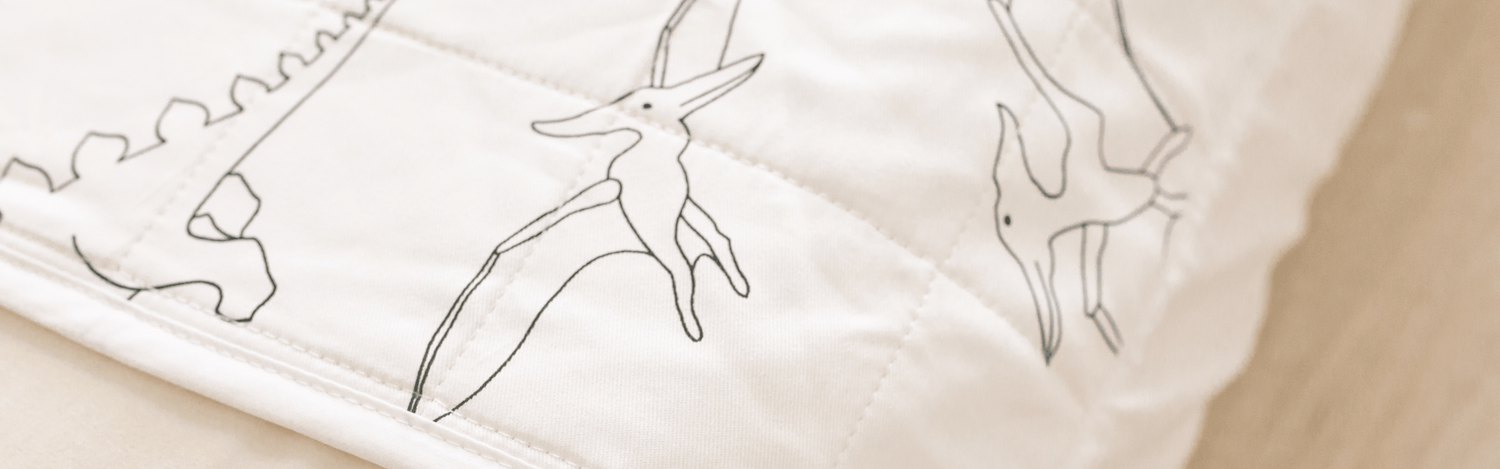 Dinosaur print Brolly Sheet, show binding and 2 x pterodactyls and back of a stegasuarus