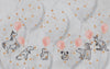 Hand drawn Unicorn, T-Rex, Possum, Koala, Bear and Bird, Kangaroo on a fabric with balloons that have paw prints all over them