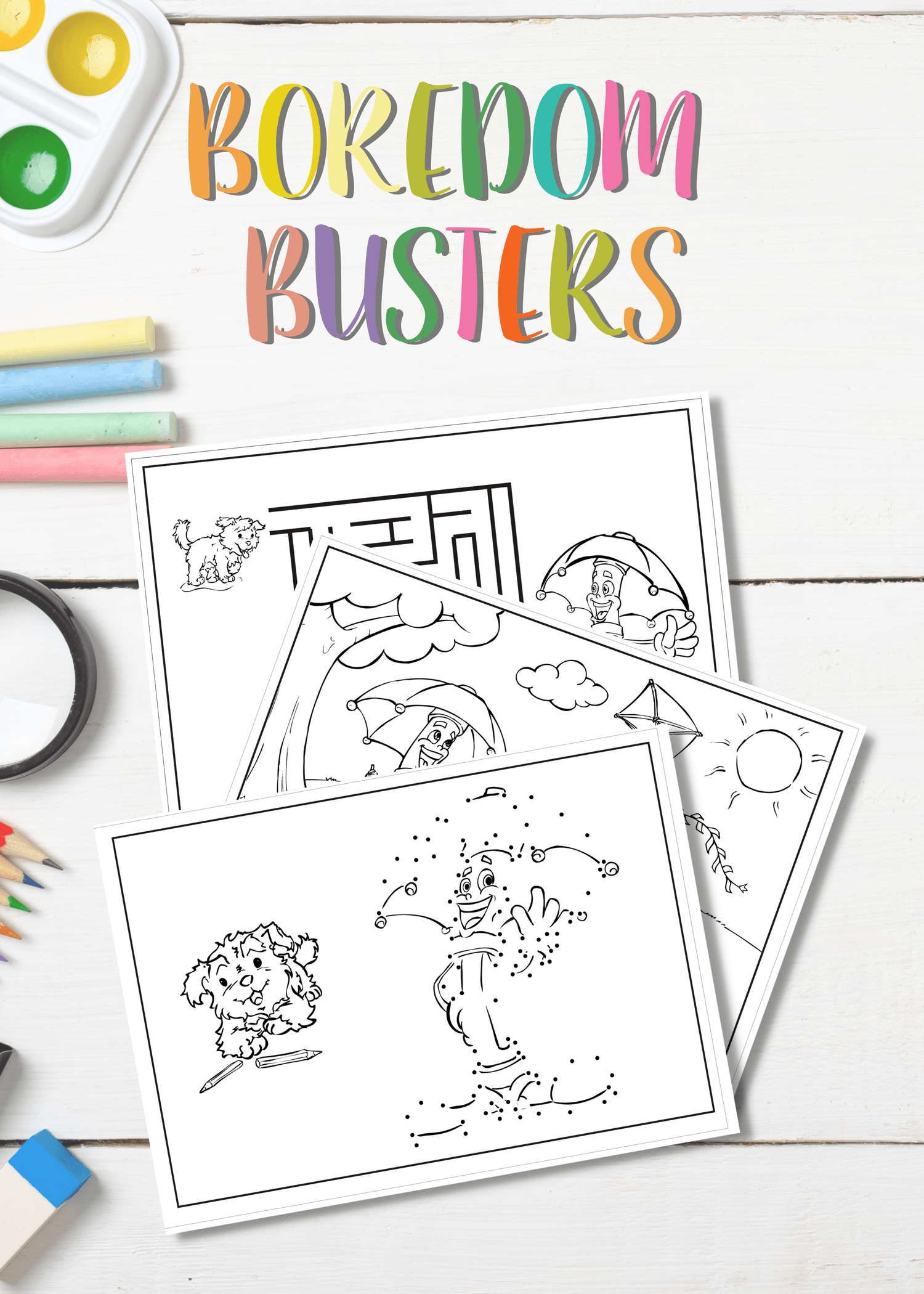 Boredom Busters Cover Image, featuring 3 pages from the Boredom Busters printable