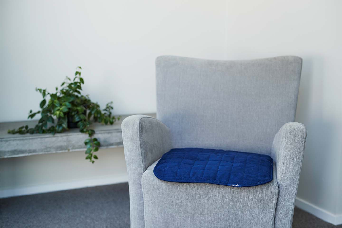 Grey chair with blue chair pad 